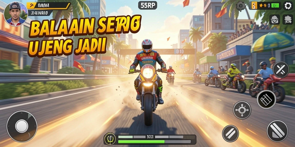 Tangkapan layar game Racing 55RP yang menunjukkan aksi balapan intens.