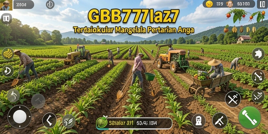 Screenshot gameplay GB777 yang menunjukkan aktivitas bertani dan interaksi hewan.