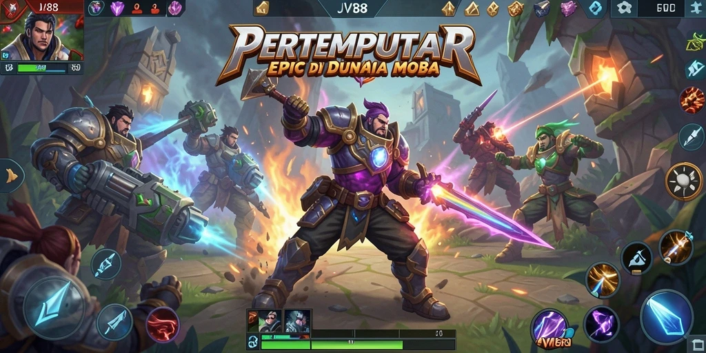 Screenshot gameplay JV88 menunjukkan serunya pertarungan di arena MOBA.