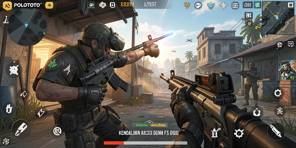 Tampilan seru gameplay POLOTOTO dalam aksi tembak-menembak yang intens.