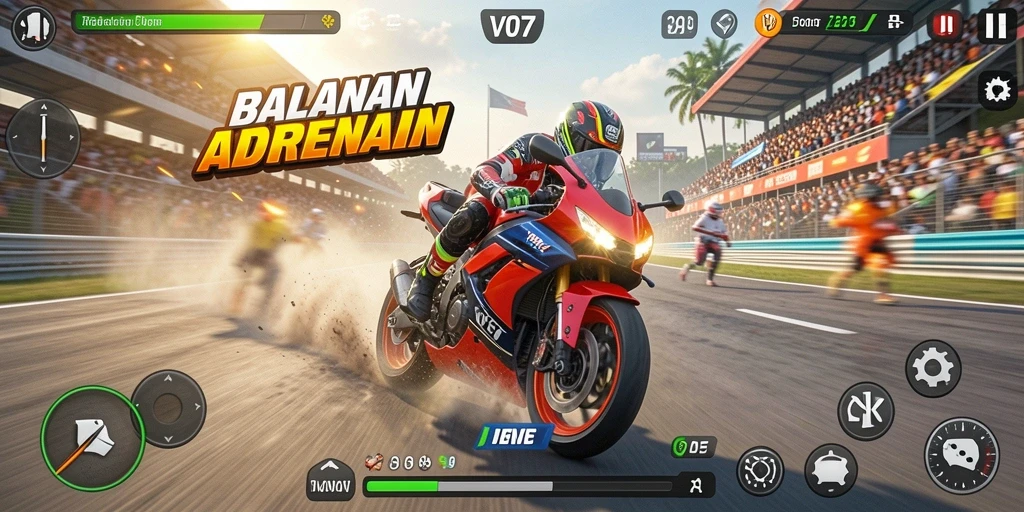 Tampilan gameplay V07 yang mendebarkan saat balapan motor.